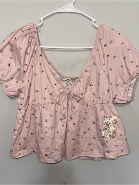 Pink Republic Babydoll Puff Sleeve Top Floral Bow Print NWT Large